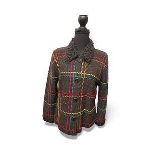 Micheal Simon cardigan Plaid Button-Up Jacket with Fuzzy Collar